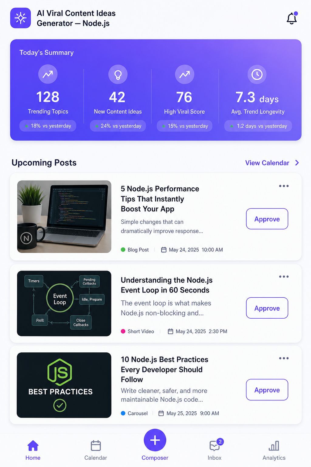 AI Viral Content Ideas Generator — Node.js mobile app screenshot