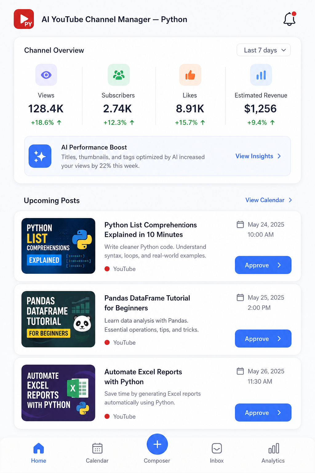 AI YouTube Channel Manager — Python mobile app screenshot